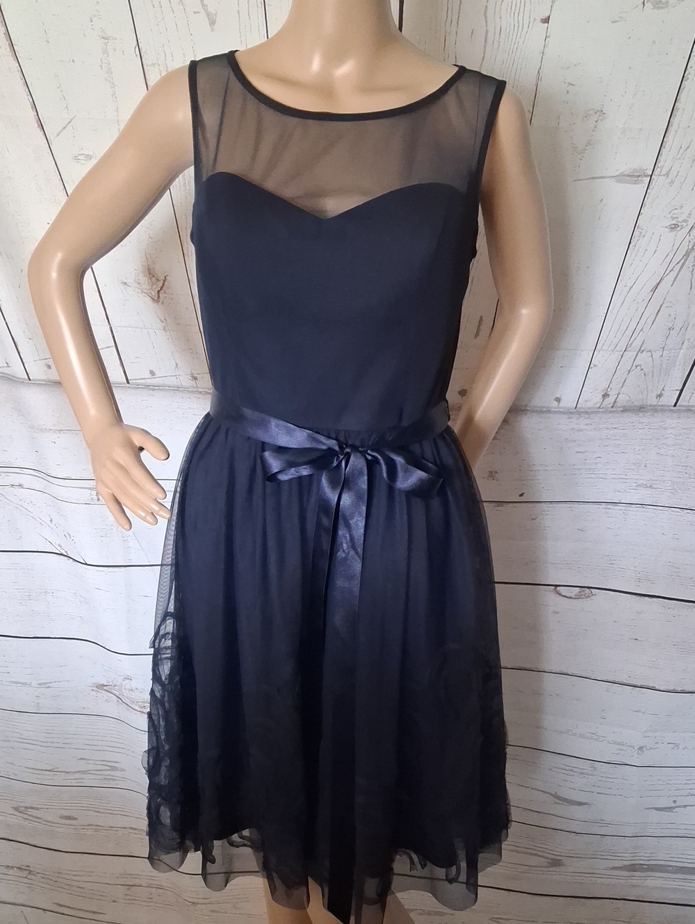 Studio Navy Sheer Yoke A-Line Midi Dress with Satin Waist Tie Size M